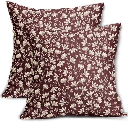 Burgundy Pillow Covers 18x18 Set of 2 Vintage Floral Rustic Old Style
