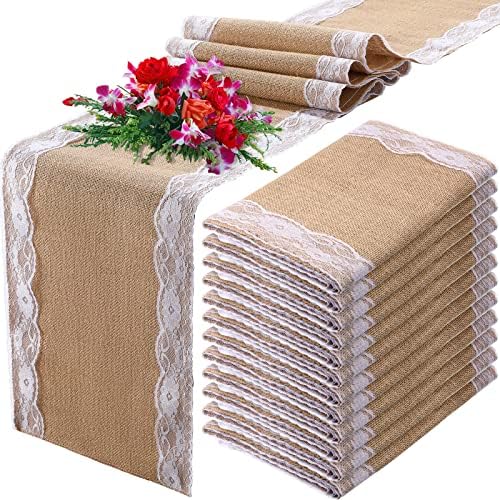 Hortsun 12 Pcs Burlap Table Runners White Lace 12 x 108