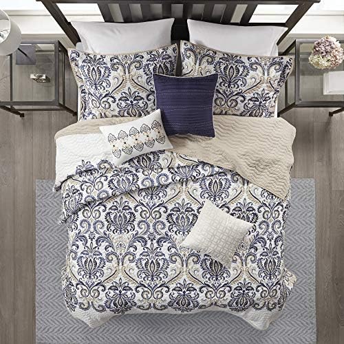 Madison Park Traditional Damask All-Season Navy/Tan King Quilt Set