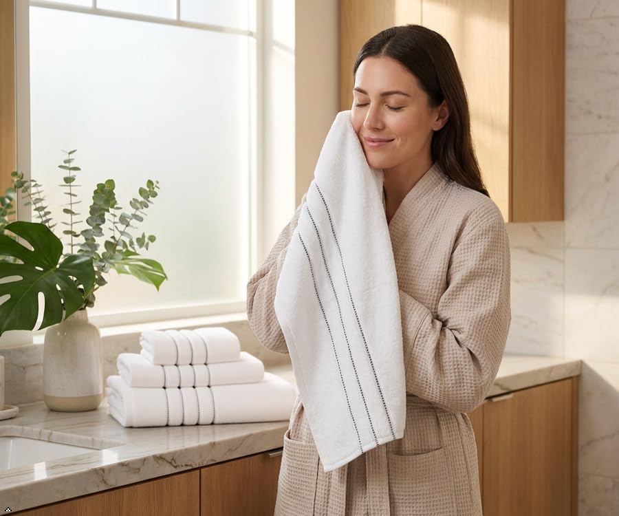 100% Cotton 550 GSM 6 Piece Towel Set: White (Gray Stripes)