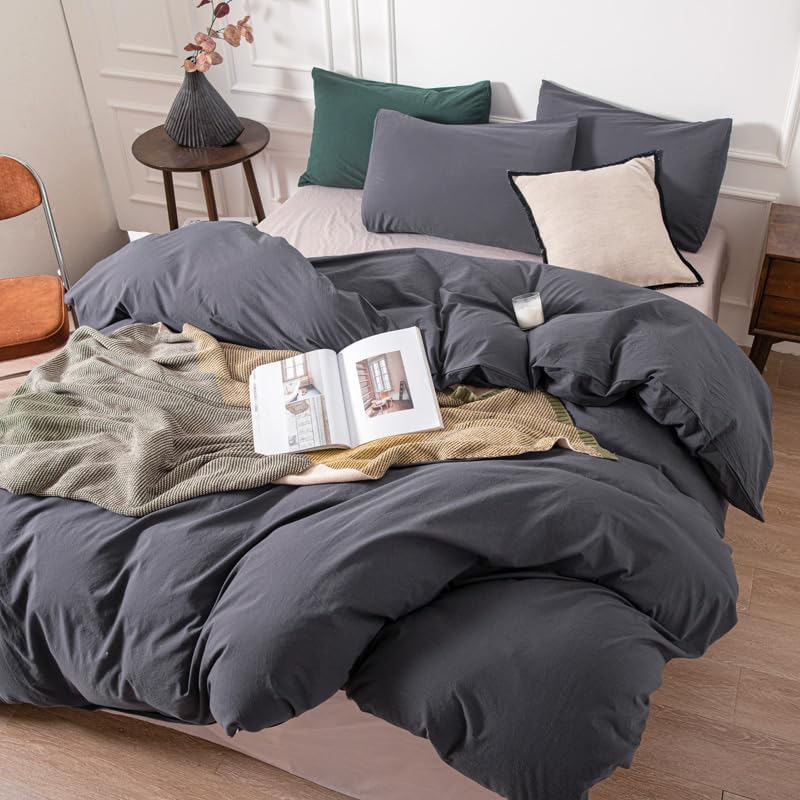 Janlive Washed Cotton Duvet Cover Set Linen Feel Textured Ultra Soft