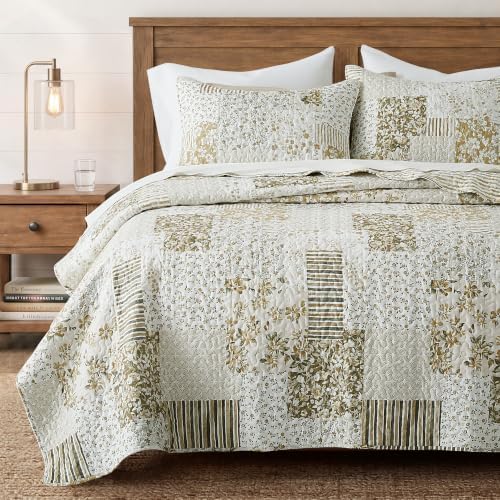 HORIMOTE HOME Patchwork Quilt Set King Size, Beige Plaid Floral Stripe