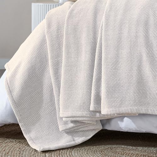 Chrisney Chenille Cotton Blanket, Soft Textured Herringbone Weave Bed