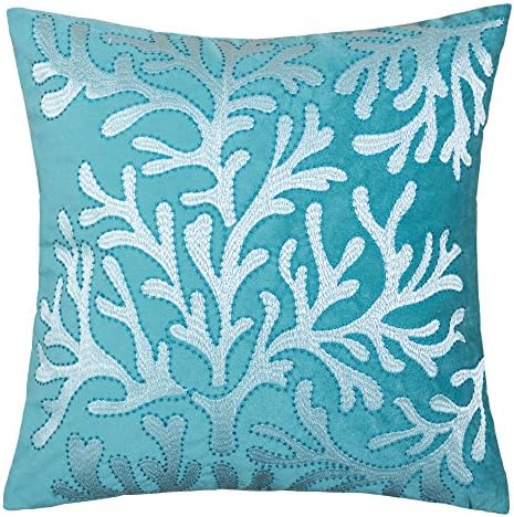 Embroidery Teal Velvet Coral Island Throw Pillow Cover,Ocean Series