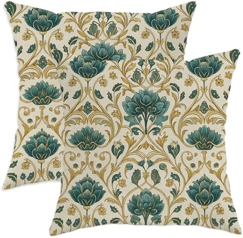 Vintage Floral Pillow Covers Set of 2, Teal and Gold Botanical Print