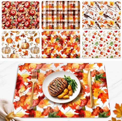 6 Pack Fall Cork Back Placemats Thanksgiving Day, 16 x 12 inch