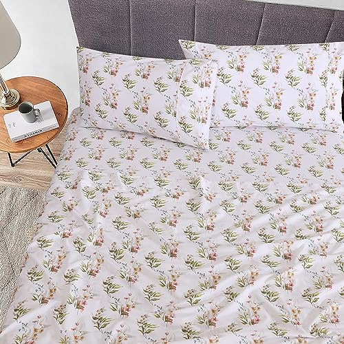 RUVANTI 100% Cotton Split King Sheets, Percale Sheet Set, Floral Bliss