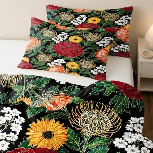 Boho Floral Duvet Cover King Size, Sage Green Leaves Botanical Bedding
