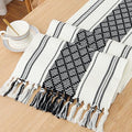 Off-White and Black Rustic Boho Table Runner with Tassels, Farmhouse