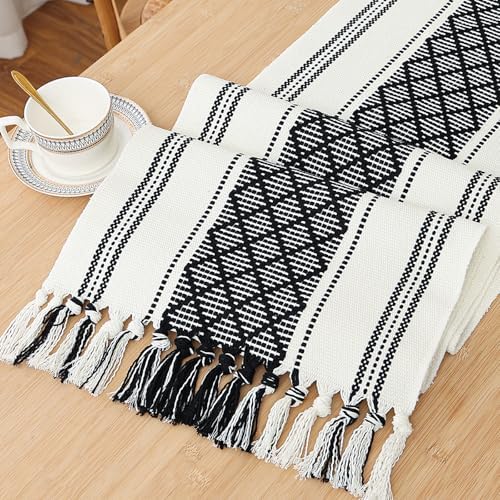 Off-White and Black Rustic Boho Table Runner with Tassels, Farmhouse