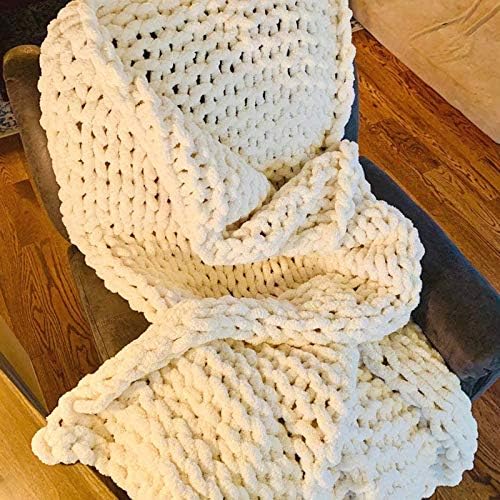 Chunky Knit Throw Blankets Ivory, Chenille Knitted Blanket Chunky Soft