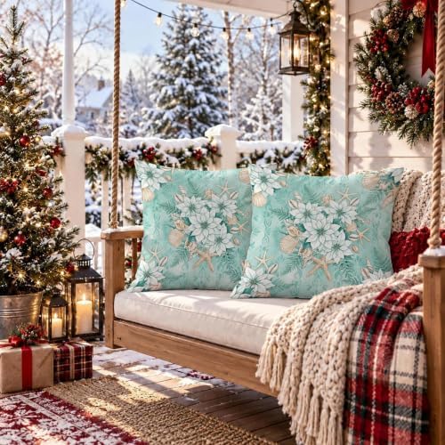 Coastal Poinsettia Winter Floral Throw Pillow Covers 22x22 Set of 2