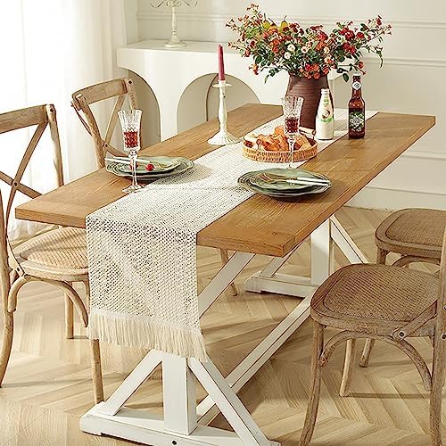 Hsvanyr Long Macrame Tablecloth Runner Cotton Linen with Tassel Dining