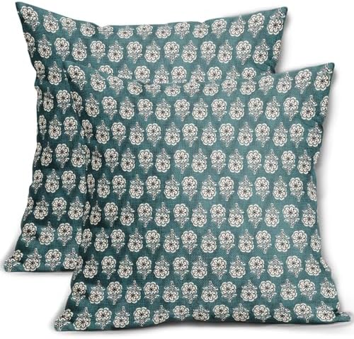 Floral Pillow Covers 20x20 Inch Set of 2 Teal Flowers Block Print