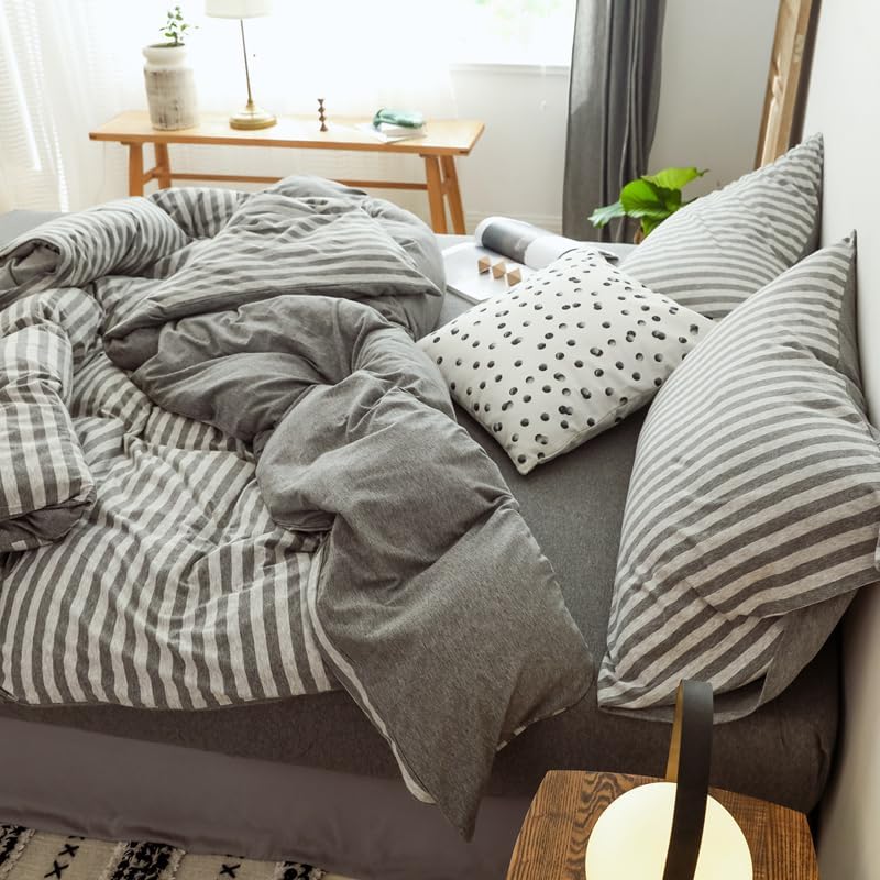 Gray White Striped King Duvet Cover Set 3-Piece 100% Cotton Ultra Soft
