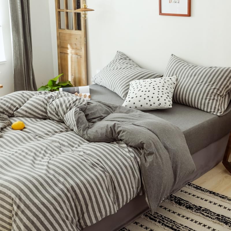 Gray White Striped King Duvet Cover Set 3-Piece 100% Cotton Ultra Soft