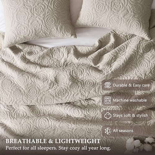 WDCOZY Beige 100% Cotton Quilt Queen Size Bedding Sets with 2 Pillow