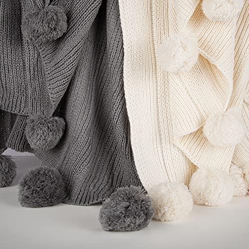 Home Fashion Knitted Pom Throw - Grey - 50" W x 60" L - (1 Throw)