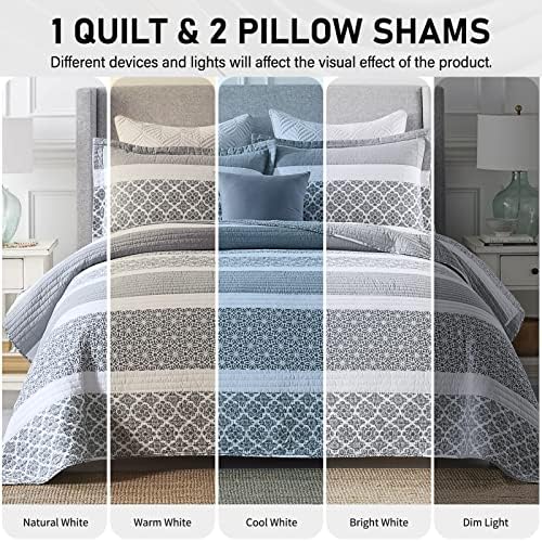 PERHOM 100% Cotton Queen Quilt Set, Bluish Gray Striped Bedding