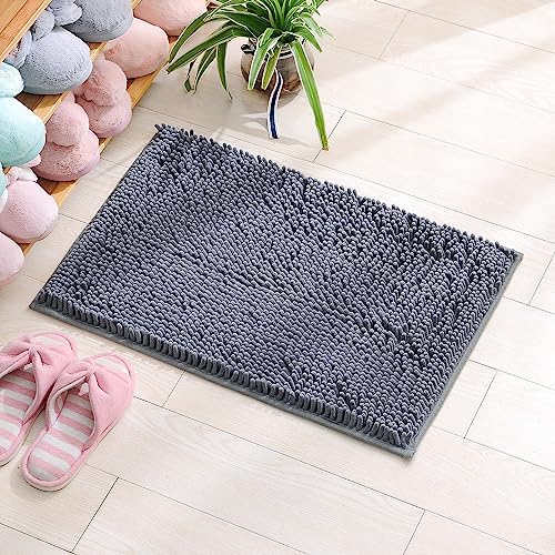 Gray Chenille Bathroom Rugs Set 2 Piece - Non Slip Absorbent Bath Mat
