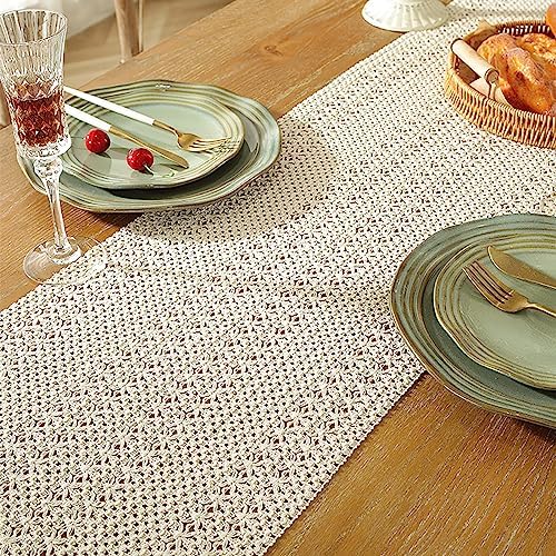Hsvanyr Long Macrame Tablecloth Runner Cotton Linen with Tassel Dining