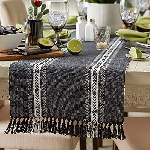 DII Textured Stripe Cotton Table Runner, 14x72 Black Fringed Farmhouse