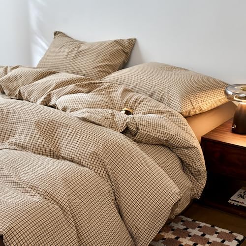 HighBuy Soft Tan & Beige Gingham Duvet Cover Twin Washed Cotton