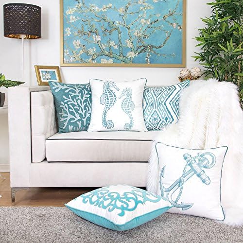 Embroidery Teal Velvet Coral Island Throw Pillow Cover,Ocean Series
