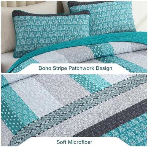 WONGS BEDDING Teal Blue Queen Size Quilt Set, Boho Striped Bedspread