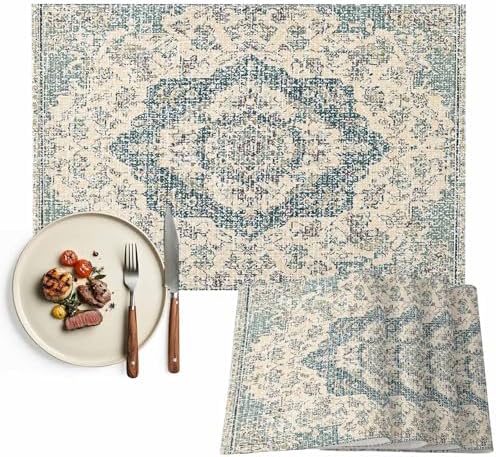 Placemats Set of 8, Beige Green Boho Woven Placemat, Linen Place Mats