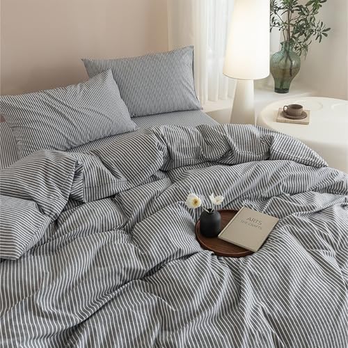 JIYUAN King Washed Cotton Duvet Cover Set, 3-Piece, Linen-Like