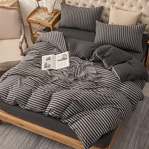 PURE ERA Jersey Duvet Cover Set Charcoal Dark Grey Stripe Full