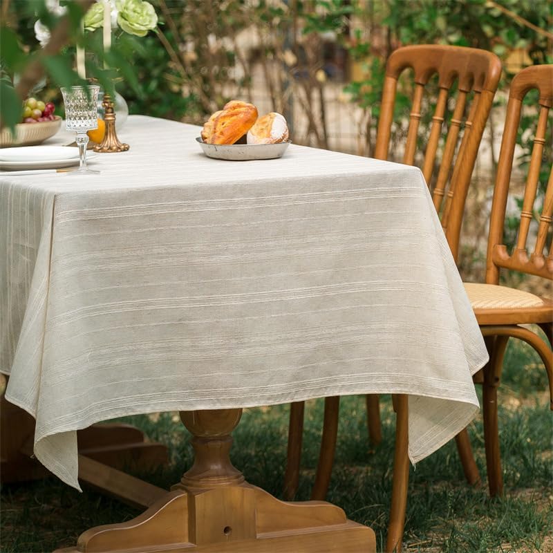 AMZALI Natural Linen Tablecloth 55 x 70 Inch - Farmhouse Style Table