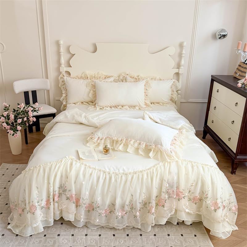 Lace Embroidered Bedding Set, 4-Piece 100% Washed Cotton Duvet Cover