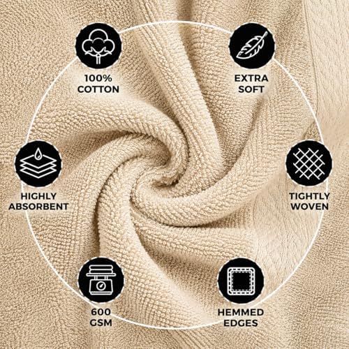 100% Cotton 6 Piece Towel Set for Bathroom - Beige