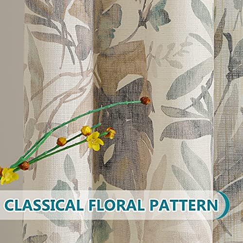 MYSKY HOME Floral Curtains Linen Style Curtains 63 Inch Length Semi
