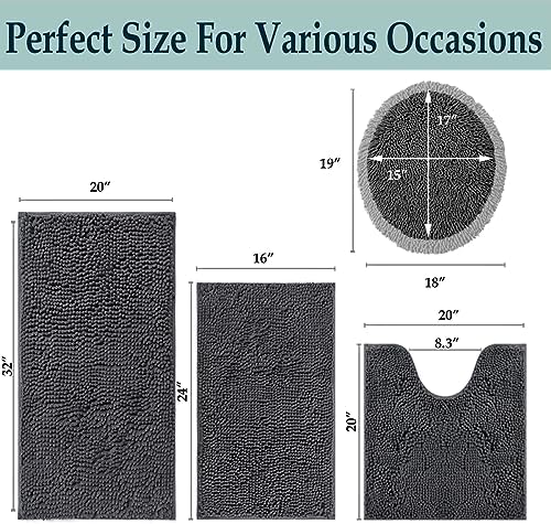 Bathroom Rugs Sets 4 Piece, Extra Soft Absorbent Chenille Bath Rugs