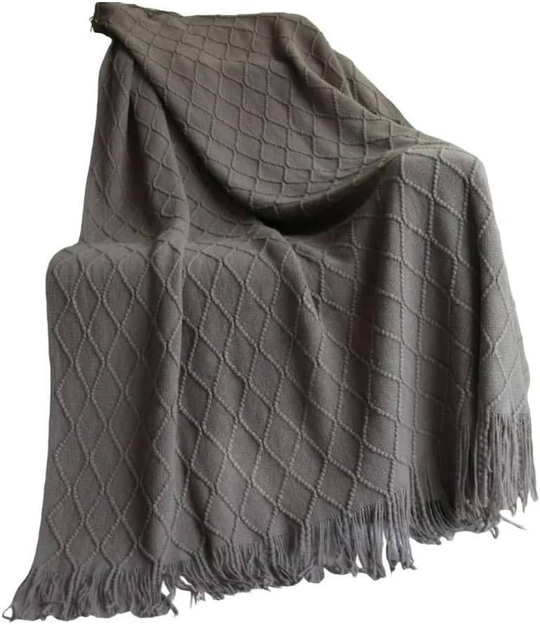 50×70in Cotton Throw Blanket Diamond Knit Fringe All Season Home,Gray