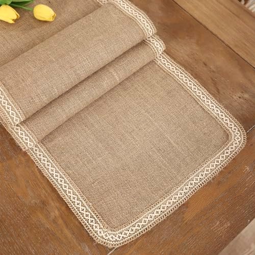 Khaki Table Runner 13 x 120 inch Long with Beige Lacework