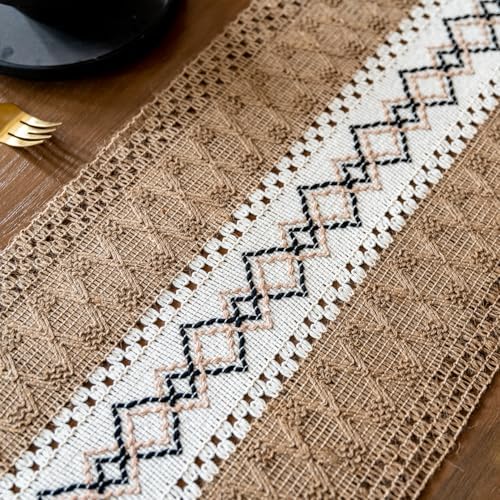 EMMTEEY Macrame Table Runner Boho Style 108 Inches Long, Brown White