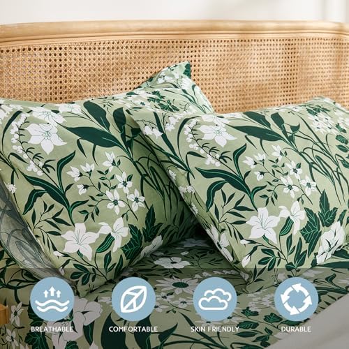 Green Floral Duvet Cover and Pillowcases Queen 100% Cotton Decorative