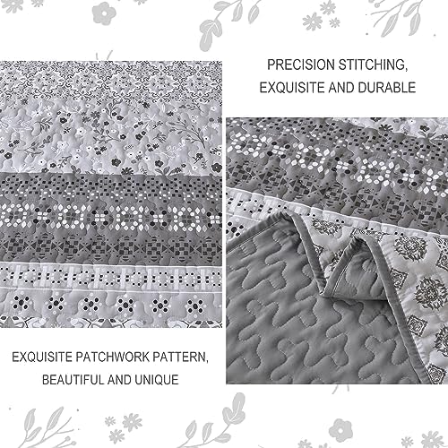 WONGS BEDDING Boho Quilt Full Set,3 Pcs Grey Floral Striped Bedspread