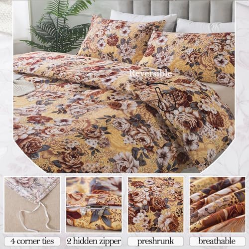 FADFAY Duvet Cover Set Queen Size 100% Brushed Cotton, Luxury Peony