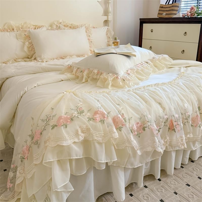 Lace Embroidered Bedding Set, 4-Piece 100% Washed Cotton Duvet Cover