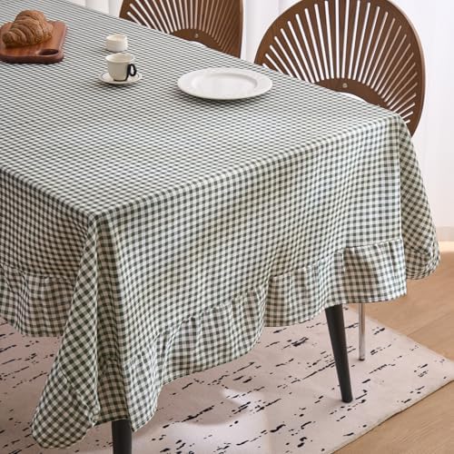 vctops Farmhouse Green Plaid Ruffle Table Cloth, Boho Cotton Linen