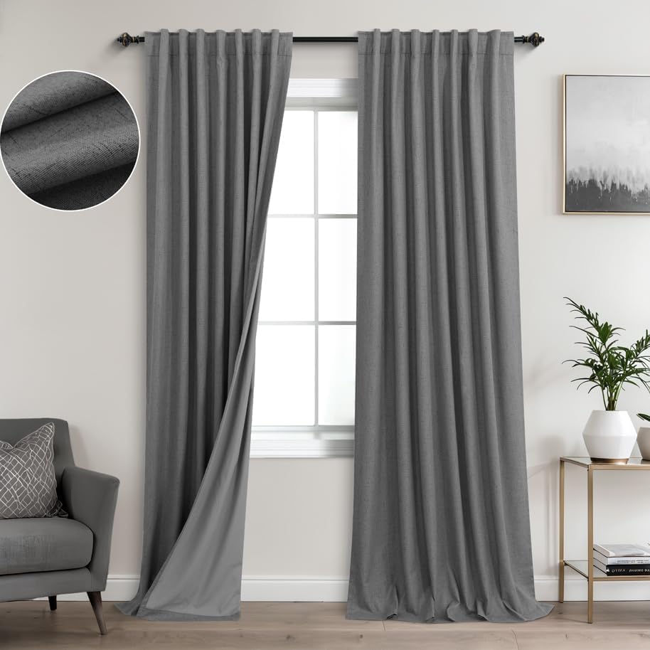 KOUFALL Charocal Dark Grey Linen Blackout Curtains for Bedroom Living