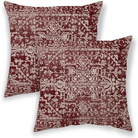 Boho Pillow Covers 18x18, Wine Red Burgundy Cream Ethnic Design