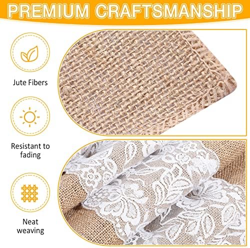 Chumia 12 Pack Burlap Table Runners with Lace 12 x 72 in, Pretty Style