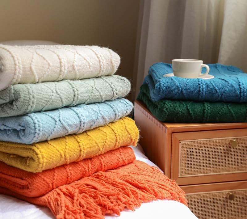 Knit Throw Blanket for Couch Home Decorative Bed Blankets with Tassel