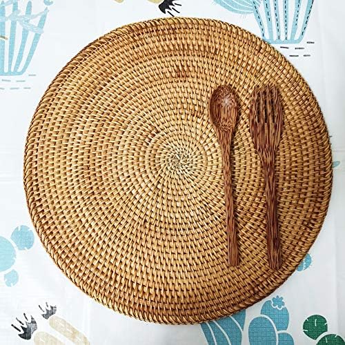 i-lan Set of 6 Round Rattan Placemats 12 Inch - Handmade Woven Wicker